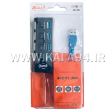 هاب KAISER KH-18 / دارای 4 پورت USB 3.0 / دارای 4 کلید مجزا برای هر پورت با 4 چراغ / دارای پورت ورودی آداپتور / کابل مجزا 50 سانتی متر با درگاه USB 3.0 آبی فلت / تک پک طلقی